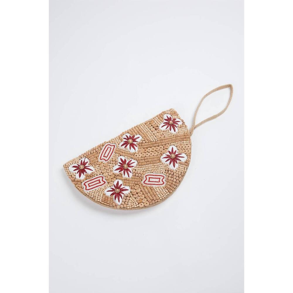 NEW ETHNIQUE flora raffia beaded wristlet in wood